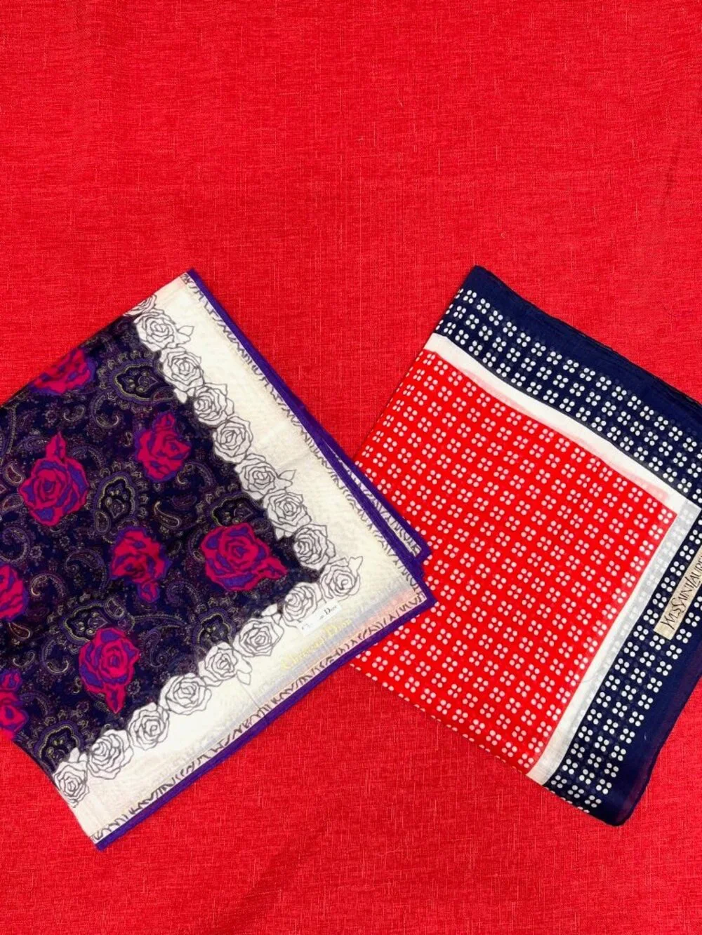 2) New Christian Dior & YSL Mini Scarf/Neck-kerchief Cott 18.5" Red Blue (19 - Picture 6 of 16